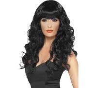 Smiffy's Perruque de sirène – noire, cheveux longs bouclés avec frange