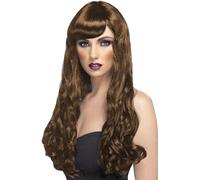 Smiffys Perruque désir brune, cheveux longs, bouclés avec frange Halloween, Carnaval