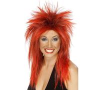 Smiffys Perruque diva rock, Rouge, Coupe mulet longue
