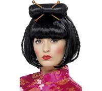 Smiffys Perruque femme orientale, noire, mi-longue avec baguettes Halloween