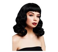 Smiffy's Perruque Fever Bettie, Noir, mi-longs ondulés 32 cm, frange courte, Halloween