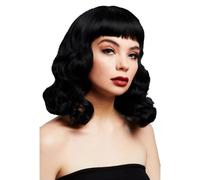 Smiffys Perruque Fever Bettie avec frange courte, Noir, Cheveux mi-longs, ondulés, raie au milieu, 32cm/13pouces Halloween