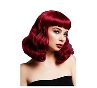 Smiffys Perruque Fever Bettie avec frange courte, Prune, Cheveux mi-longs, ondulés, raie au milieu, 32cm/13pouces Halloween