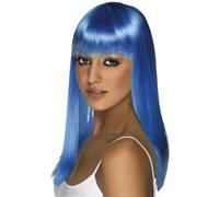 Perruque Longue Femme Bleu - SMIFFY'S - Modèle Longue Femme Bleu - Cheveux Lisses - Frange
