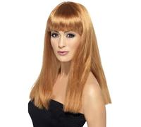 Smiffy's Perruque Glamourama châtain, cheveux longs lisses avec frange – Halloween