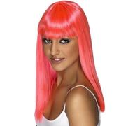 Smiffys Perruque glamourama, rose fluo, cheveux longs, lisses avec frange Halloween, Carnaval