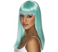 Smiffys Perruque glamourama, Turquoise Fluo, Cheveux Longs, Lisses avec Frange Halloween, Carnaval
