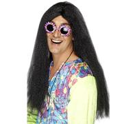 Smiffys Perruque hippie, noire, cheveux longs avec raie au milieu Halloween
