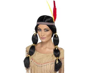 Smiffys Perruque inspirée amérindienne, noire, avec nattes et bandeau Halloween