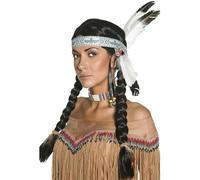Smiffy's Perruque inspirée amérindienne noire, tresses et bandeau à plumes – Halloween, Carnaval