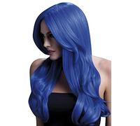 Smiffys Perruque Khloe collection Fever, bleu fluo, coupe longue et ondulée avec raie au milieu, 56cm/22in Halloween