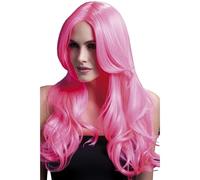 Smiffys Perruque Khloe collection Fever, rose fluo, coupe longue et ondulée avec raie au milieu, 56cm/22in Halloween, Carnaval
