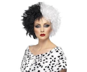 Smiffys Perruque Madame enfer, noire et blanche, cheveux courts, bouclés Halloween