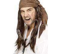 Smiffys Perruque pirate boucanier, brune, cheveux lisses avec tresses, avec bandana