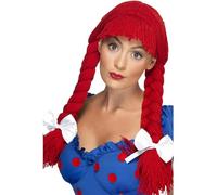 Smiffy's Perruque poupée de chiffon Rouge – queue de cheval, frange et nœuds – Halloween