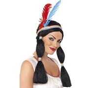 Smiffys Perruque princesse inspirée amérindienne, noire, longue avec couette et bandeau