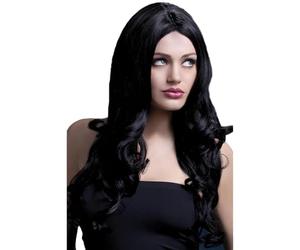 Smiffys Perruque Rhianne collection Fever, noir, boucles soyeuses avec raie au milieu, 66cm / 26in Halloween