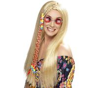 Smiffys Perruque soirée hippie, blonde, cheveux longs avec perles colorées Halloween