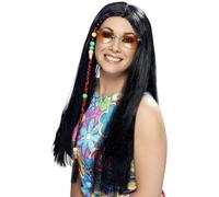 Smiffys Perruque soirée hippie, noire, cheveux longs avec perles colorées Halloween
