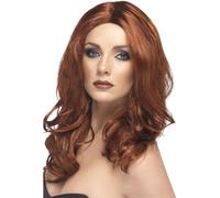 Smiffys Perruque superstar, châtain, cheveux longs, ondulés avec raie Halloween