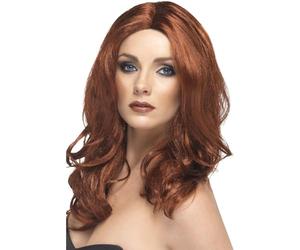 Smiffys Perruque superstar, châtain, cheveux longs, ondulés avec raie Halloween