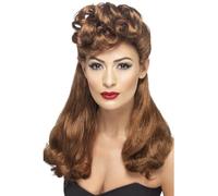 Smiffys Perruque vintage des années 40, châtain, cheveux longs avec belles boucles Halloween, Carnaval