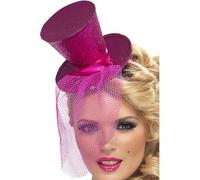 Smiffy's Serre-tête Mini haut de forme Rose, voilette détachable, sexy – Halloween