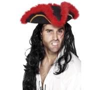 Smiffys Tricorne de pirate, plume rouge, noir, avec tresse or et marabou
