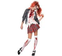 Smiffy's Women's 32929 Costumes High School Horror Zombie Schoolgirl Costume, Jacket, Attached Shirt, Tie and Skirt, High School Horror