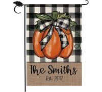 Smile Drapeau de jardin en forme de citrouille d'automne personnalisé, nom de famille personnalisé et spot de l'année établie, double face Ru