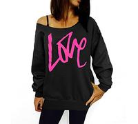 Smile Fish Sweatshirt sexy pour femme - Style années 80 - Épaules dénudées - Imprimé, Amour - Noir-rose, M