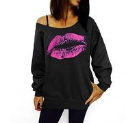 Smile Fish Sweatshirt sexy pour femme - Style années 80 - Épaules dénudées - Imprimé, Lèvre : noir/rose, S