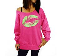 Smile Fish Sweatshirt sexy pour femme - Style années 80 - Épaules dénudées - Imprimé, Lèvres - Rose - Vert fluo, S