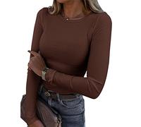 Smile Fish T-shirt côtelé à manches longues et col rond pour femme, marron, M