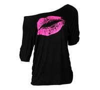Smile Fish T-shirt décontracté surdimensionné sexy imprimé lèvres épaules dénudées pull à manches longues pour femme, Noir/rose., M