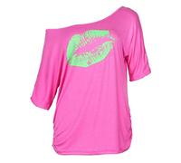 Smile Fish T-shirt épaule dénudée pour femme Couple ample et décontractée Motif étoiles ou lèvres Style années 1980, Rose fluorescent, L