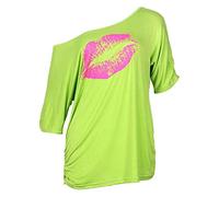 Smile Fish T-shirt épaule dénudée pour femme Couple ample et décontractée Motif étoiles ou lèvres Style années 1980, Vert fluorescent, M