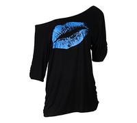 Smile Fish T-shirt épaule dénudée pour femme Couple ample et décontractée Motif étoiles ou lèvres Style années 1980, noir/bleu, M