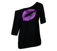 Smile Fish T-shirt épaule dénudée pour femme Couple ample et décontractée Motif étoiles ou lèvres Style années 1980, noir/violet, 54