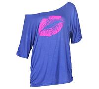 Smile Fish T-shirt épaule dénudée pour femme Couple ample et décontractée Motif étoiles ou lèvres Style années 1980, Rose bleue., S
