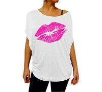 Smile Fish T-shirt épaule dénudée pour femme Couple ample et décontractée Motif étoiles ou lèvres Style années 1980, Rose bleue., XL
