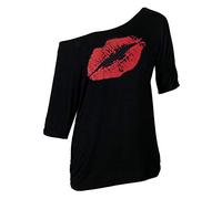 Smile Fish T-shirt épaule dénudée pour femme Couple ample et décontractée Motif étoiles ou lèvres Style années 1980, noir/rouge, S