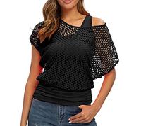 Smile Fish T-shirt sexy des années 80 en résille fluo avec épaules dénudées, Noir , XL