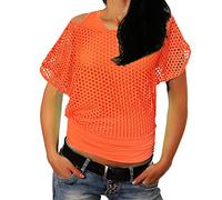 Smile Fish T-shirt sexy des années 80 en résille fluo avec épaules dénudées, Orange, S