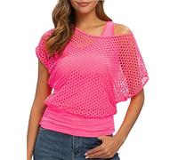 Smile Fish T-shirt sexy des années 80 en résille fluo avec épaules dénudées, Rose fluo, S