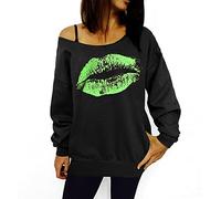 Smile Fish Tenue sexy des années 80 pour femme, sweat-shirt à épaules dénudées, chemise imprimée, Lèvres noires et vertes, M