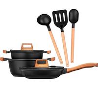 Smile Fussaluminium revêtement anti-adhésif Set de casseroles avec couvercles en verre + aspect bois - Ustensiles de cuisine - Convient pour tous les types de feux ,MGK-23