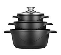 SMILE MGK18 - Batterie de cuisine à induction 6 pièces en fonte d'aluminium, 3 casseroles, couvercles en verre trempé, revêtement antiadhésif, convient pour tous types de cuisinières, sans PFOA