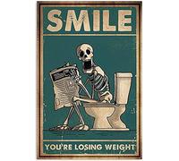 Smile You Are Losing Weight Funny Toilet Squelette Skull Newspaper And Poster Panneau Art Décoration murale Affiche en métal 20,3 x 30,5 cm