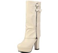 Smilice Bottes mi-longues avec jambières | Bottes tendance pour femme pour l'hiver pour femme, talon 9,5 cm, plateforme 2,5 cm, chaud, beige, 33 EU